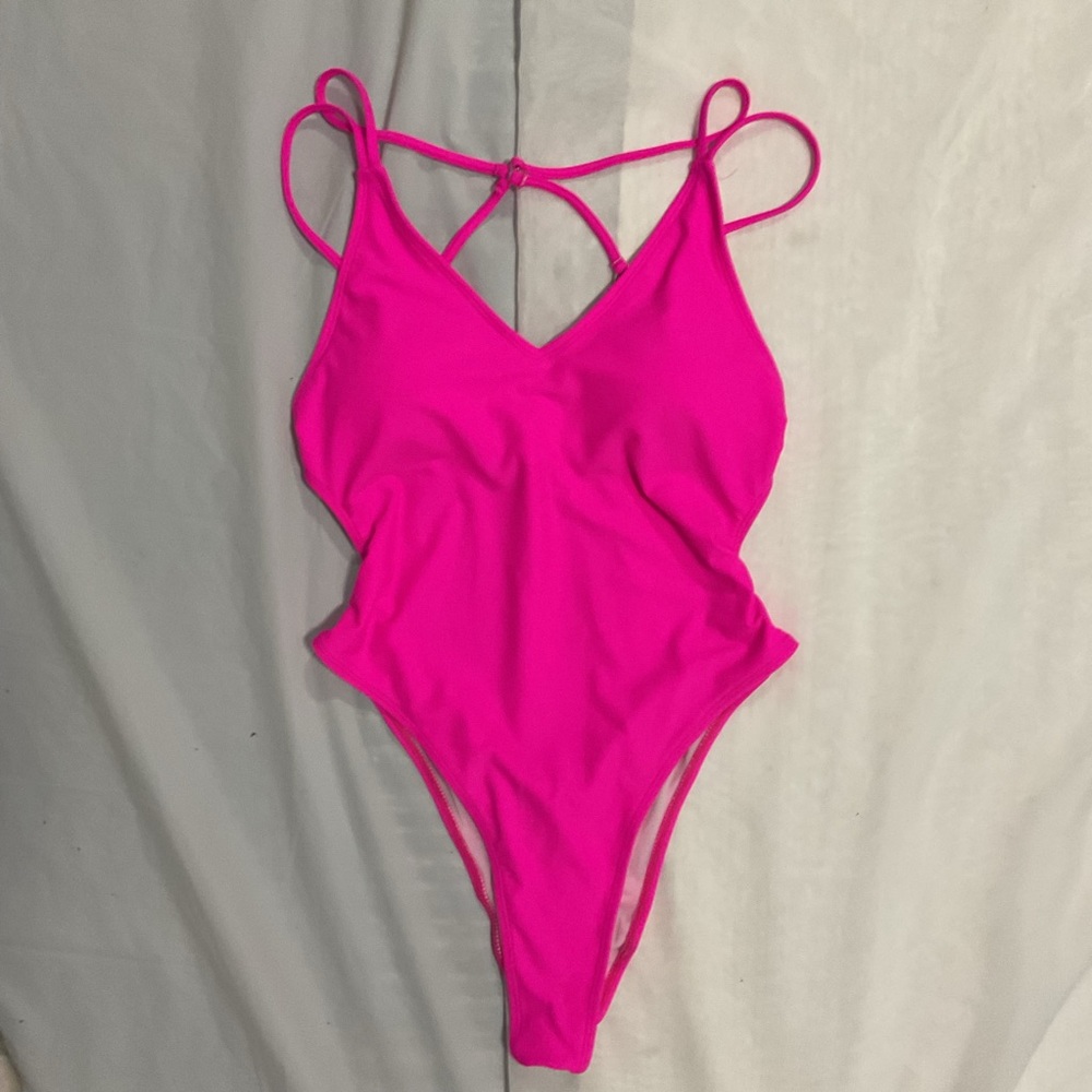 NWOT Backless Hot Pink Strappy Cheeky Bold 1 Piece Super High Cut Bottom Swimsui - Picture 3 of 9